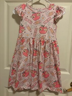 Girls' Pink Apple & Pencil Print Flutter-Sleeve Dress